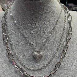 Three Chain Necklace Silver Heart