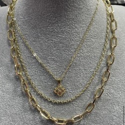 Three Chain Necklace Gold Small Stone