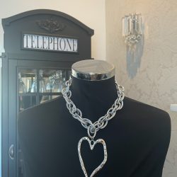 Silver Double Chain Necklace with Large Heart Pendant