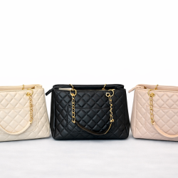 Large Shopping Tote, Quilted with Chain link Strap ( Vegan Leather)