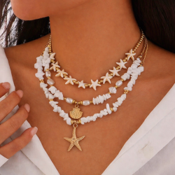 Layered Necklace Shells, Starfish Soft White Stones