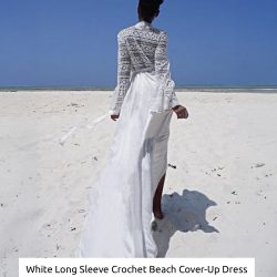 White Long Sleeve Crochet Beach Cover-Up Dress (Elastic Waiste)