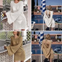 Crochet Bell-Sleeve Beach Cover-up Dress Gold or White