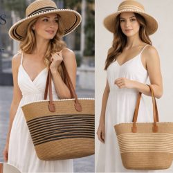 Straw Tote Bag & Pearl Trim Hat Set
